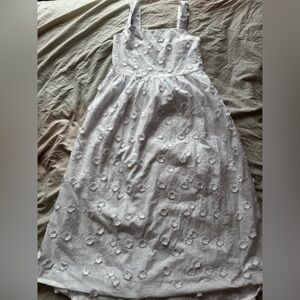 White Floral Embroidered Cotton Sundress Smocked Bodice Summer Dress M